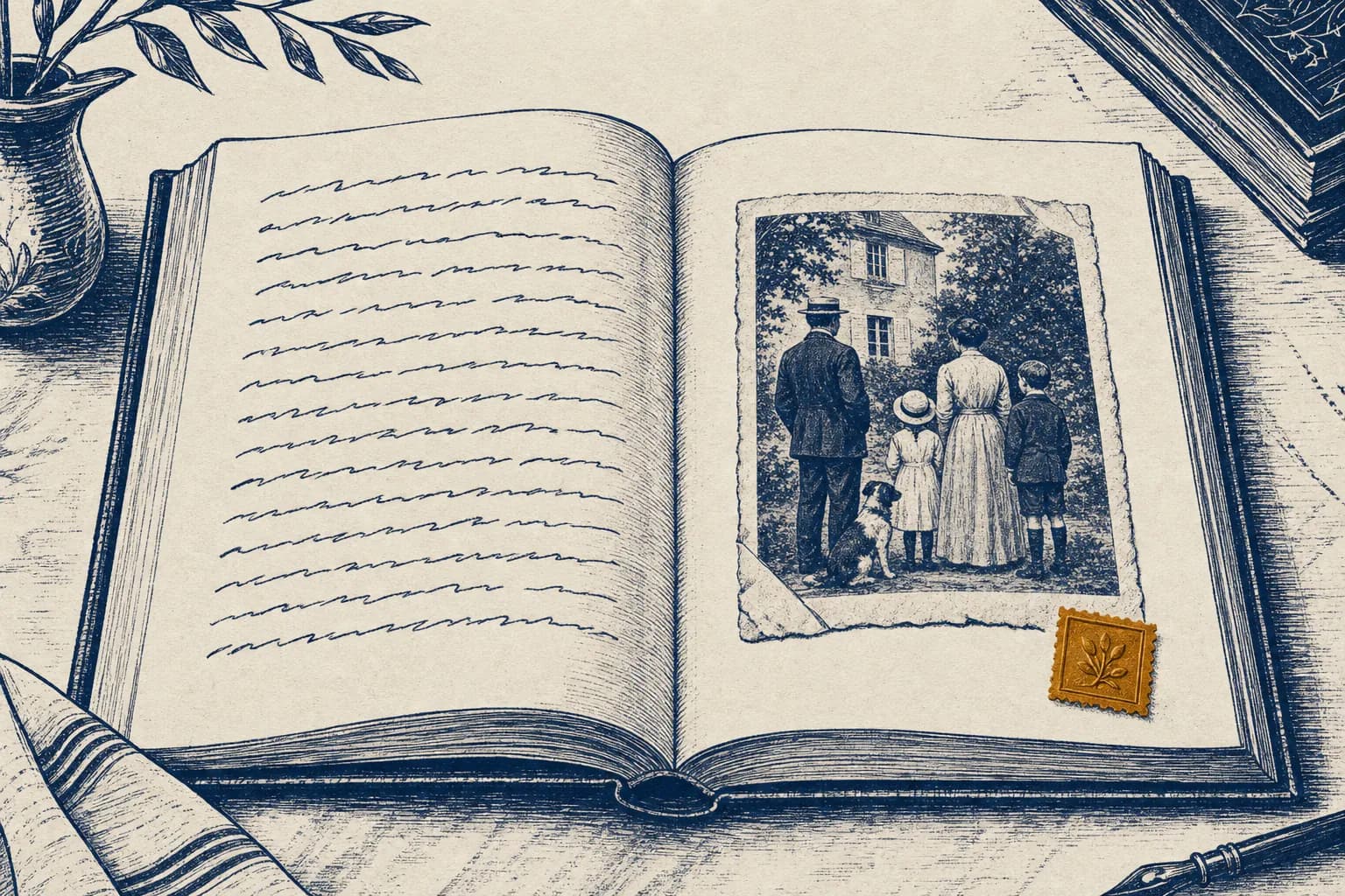 Ein aufgeschlagenes Buch, Text links, ein altes Foto und ein Siegel rechts
