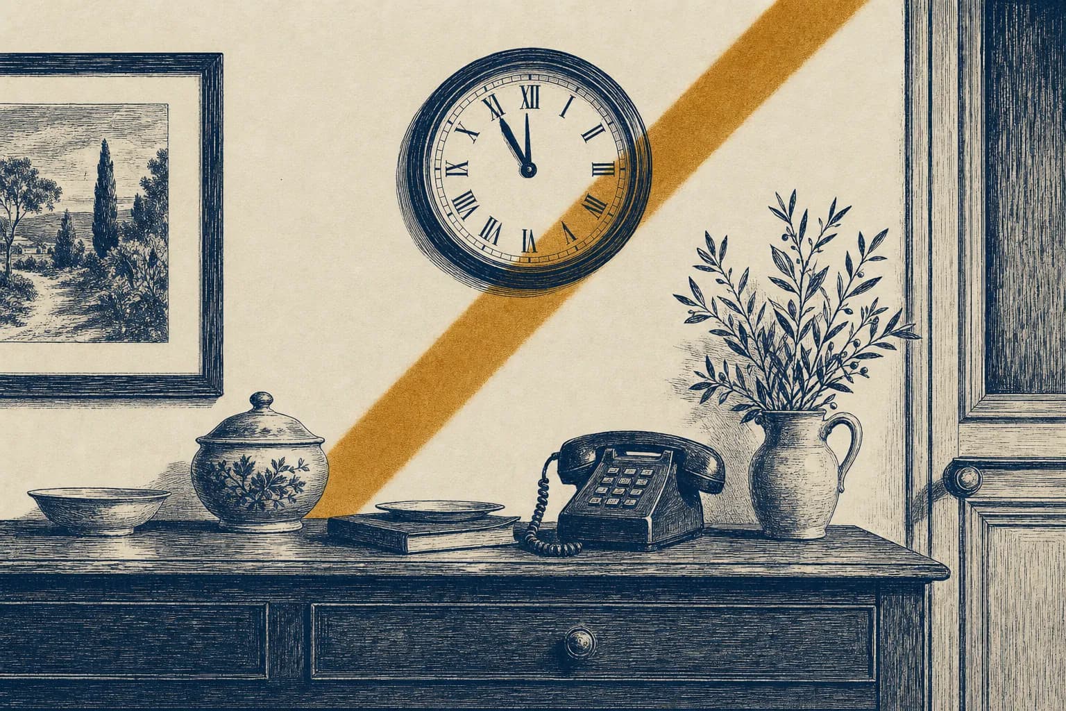 Une horloge sur onze heures près d'un téléphone silencieux