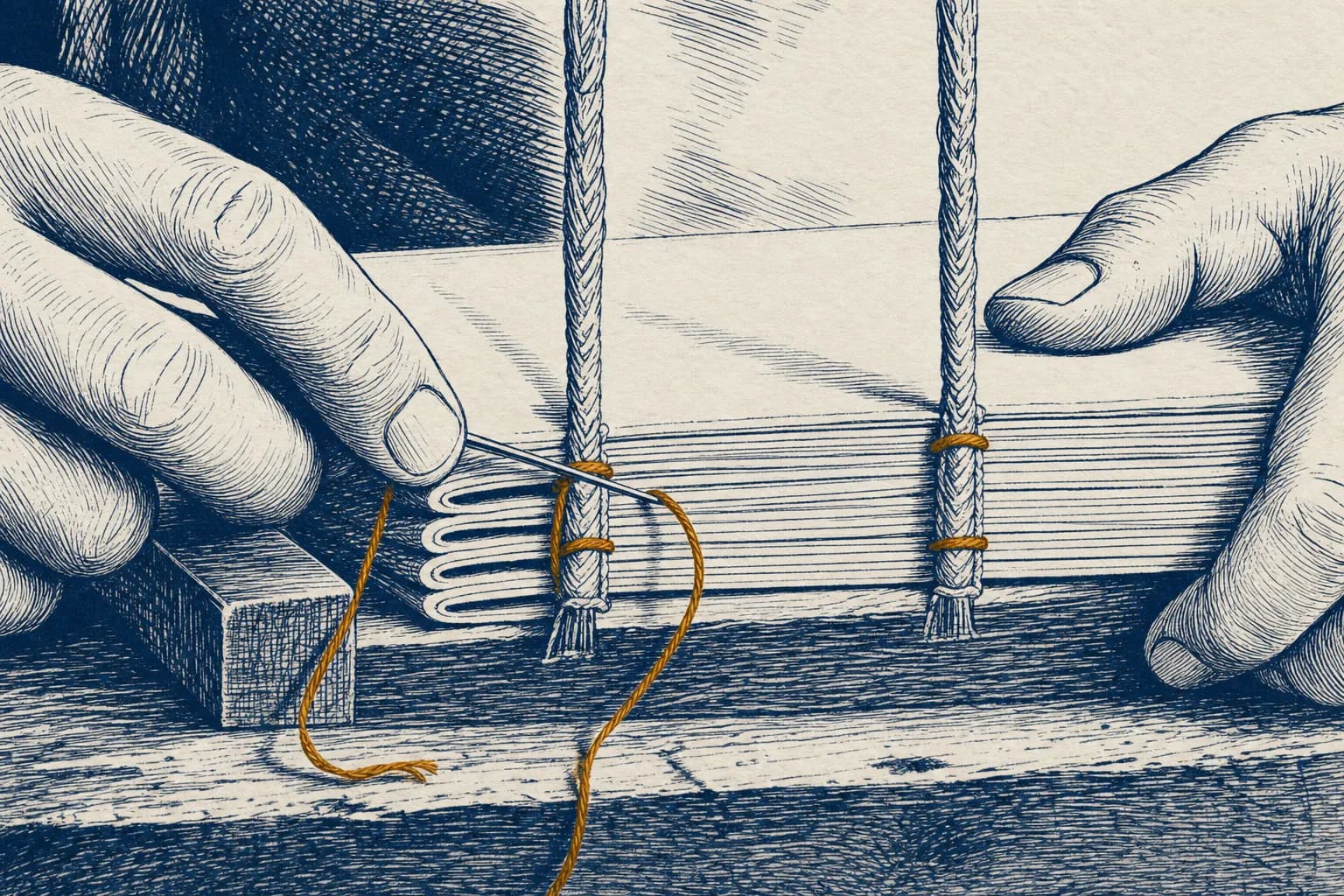 Un libro in corso di rilegatura a mano, filo color zafferano e ago